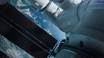 Wall Mural - a modern space station in space orbiting the earth. an epic video of a camera flying along a huge sp