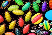  Close Ups Of Insects Species Set. Beetles Collection On Dark Background. Bright Shiny Colors. Iridescent Rainbow, Metallic Shimmers A Variety Of Coloring, Spots And Stripes. Top View