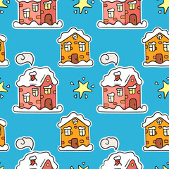 Wall Mural - Cute colorful Christmas houses with snow, vector seamless pattern in the style of doodles, hand drawn