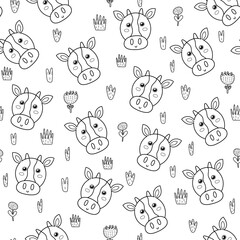 Wall Mural - Cute cow black and white seamless pattern. Background for coloring book in cartoon style with farm animal character. Vector illustration