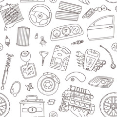 Line icon style seamless vector pattern background of car spare parts. Black vehicle details and accessories.