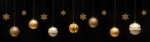 Christmas Celebration Holiday Banner Template Greeting Card Panorama - Group Of Hanging Gold Golden Christmas Balls Christmas Baubles And Ice Crystals, Isolated On Black Background.