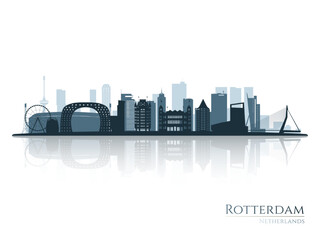 Rotterdam skyline silhouette with reflection. Landscape Rotterdam, Netherlands. Vector illustration.