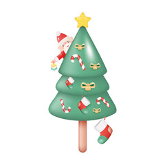 Sticker - 3D Decorated Christmas Tree with Santa Claus. Vector Illustration Isolated on White Background