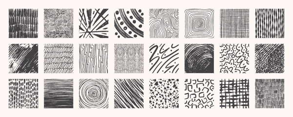 Big set of black square textures, pattern and shapes hand drawn doodle. Modern vector elements.