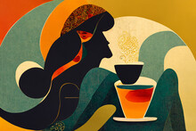 Woman And Coffee Retro Art Nouveau Illustration