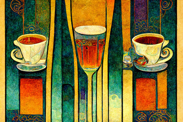 Wine and coffee art nouveau illustration