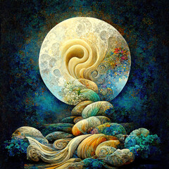 Wall Mural - Dream of a different full moon, moon becoming a nautilus or a shell, imaginary moon, illustration, art, ai, digital, beautiful moon, card