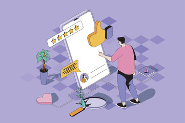 Leinwandbilder - Best feedback web concept in 3d isometric design. Man evaluates quality of service and leaves comment with customer experience using mobile app. Vector web illustration with people isometry scene