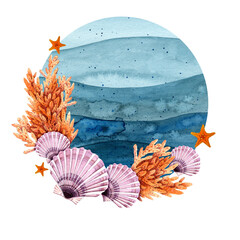 Watercolor illustration round frame with seashells, sea stars and corals. Marine hand drawn composition. For the design and decoration of souvenirs, posters, postcards, prints.