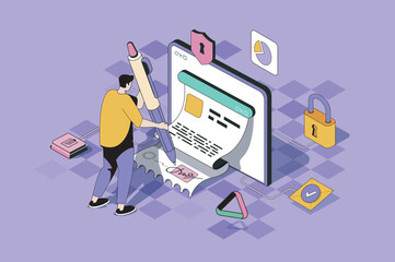Fototapete - Electronic contract web concept in 3d isometric design. Man signing legal document in online form with digital signature on smartphone or laptop. Vector web illustration with people isometry scene