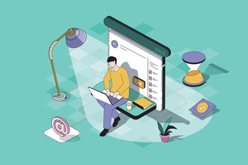 Leinwandbilder - Freelance work web concept in 3d isometric design. Man working on laptop and making tasks remotely, connecting with colleagues online from home. Vector web illustration with people isometry scene