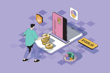 Mobile banking web concept in 3d isometric design. Man manages financial account and balance, makes transactions from credit card in application. Vector web illustration with people isometry scene