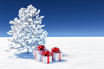 Abstact 3d render Christmas winter scene and Natural podium background, gift box on snow field with pine tree covered snow with gift for product display advertising or etc