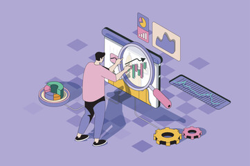 Aufkleber - SEO optimization web concept in 3d isometric design. Man makes analytics of internet sites and search engines optimization using marketing tools. Vector web illustration with people isometry scene