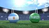 Fototapeta  - Two soccer balls in flags colors on stadium bright blurred background. Argentina and Saudi Arabia. 3d image