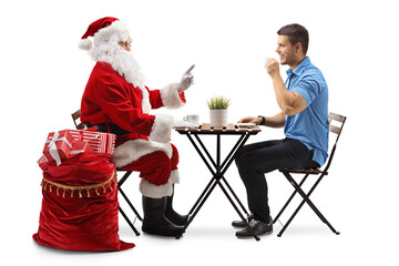 Poster - Santa Claus talking to a young man in a cafe