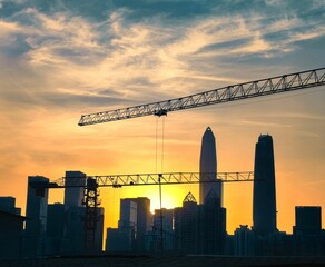 Canvas Print - Silhouette shot of cranes over a background of tall skyscrapers during a sunset