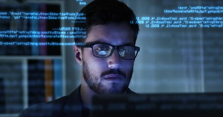 Young Caucasian Man using Computer with Futuristic Computer Code Preview, Computer Engineer Programmer Typing Code Hacking, Internet Digital Technology Concept. Holographic Animation, AR