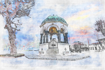 Wall Mural - Istanbul - Sultanahmet Square II. A gift from Wilhelm, the German fountain was built in 1898. Watercolor work