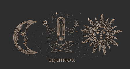 Wall Mural - Collection of magical illustrations. Tarot cards. Set of linear vector illustrations. Hand drawn celestial illustrations depicting sun, moon, woman. design elements for decoration in a modern style.