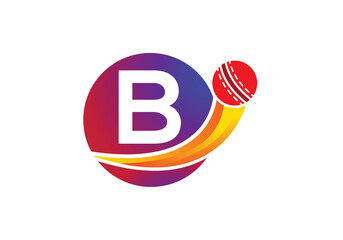 Letter B Cricket Logo Concept With Moving Cricket Ball Icon. Cricket Sports Logotype Symbol Vector Template Design.