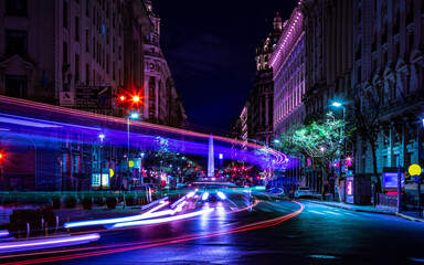 The Obelisk (El Obelisco) at night in Buenos Aires, Argentina