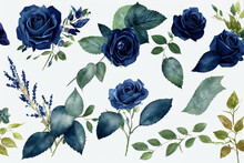 Set Watercolor Design Elements Of Roses Collection Garden Navy Blue Flowers, Leaves, Gold Branches, Botanic Illustration Isolated On White Background