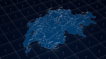 Switzerland blue map big data visualization. Futuristic map infographic. Information aesthetics. Visual data complexity. Complex Switzerland data graphic visualization. 3d render illustration