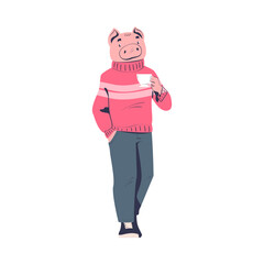 Poster - Man Pig Character Wearing Pink Sweater and Trousers Walking with Cup Vector Illustration