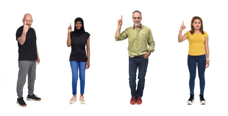 Wall Mural - group of people with a raised finger number one, on white background