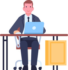 Wall Mural - Cartoon businessman. Male character pose. Manager in formal suit. Clerks occupation. Man working with laptop. Office workplace. Corporate employee sitting at table. Vector illustration