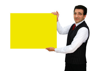 Wall Mural - gesture series: salesman presenting yellow advertising sign