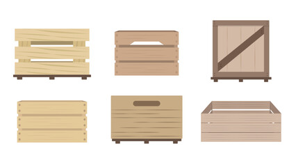 Set of wooden boxes in cartoon style. Vector illustration of boxes for storing things, vegetables, fruits on white background.