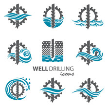 Collection Of Water Well Drilling Isolated On White Background