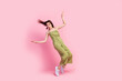 canvas print picture - Full body photo of impressed lady stand toes afraid fall down look floor wear trendy khaki clothes isolated on pink color background