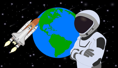 Wall Mural - space astronaut in new space suit in a front of space shuttle flight and earth planet. vector illust