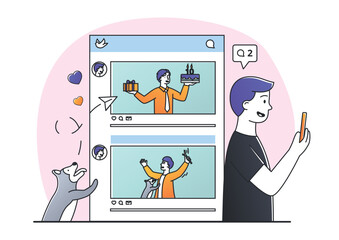 Wall Mural - Man sending photo. Young guy looking at photos, poster or banner for website. Intersting content for social networks and instant messengers. Holiday and festival. Cartoon flat vector illustration