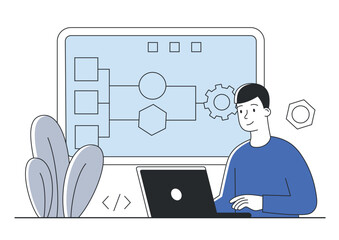 Wall Mural - building processes concept. man at laptop analyzes diagrams, graphs and diagrams. metaphor for organ