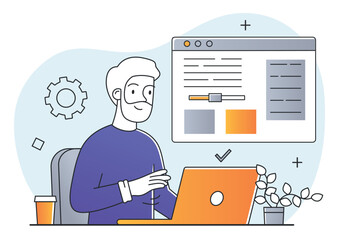 Wall Mural - man making website. young guy sits at laptop and develops design for webpage. remote employee or fre