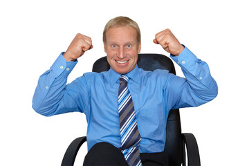 Wall Mural - gesture series: businessman gets positive news and is euphoric.