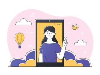 Wall Mural - woman in smartphone. young girl on screen of device or gadget. modern technologies and digital world