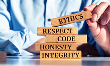 Wooden Blocks With Words 'ethics, Respect, Code, Honesty, Integrity'. Code Of Conduct