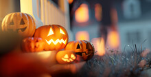 Spooky Halloween Evening Glowing Pumpkin Jack O Lanterns On A Front Porch. 3D Illustration