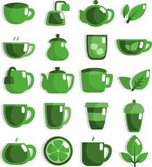 Sticker - Green tea icon set, icon, vector on white background.