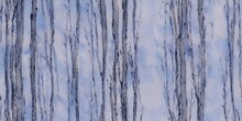 A Tranquil Birch Forest In Watercolor Hues. The Midnight Blue Sky Is Speckled With Silver Snowflakes, And The Trees Are A Gentle Wash Of White. In The Distance, There Is A Fairytale Castle