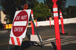 Road construction with safety cones and do not enter sign