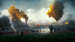 tear gas firing at football match, football fans clash with riot police during the football Cup game played at football stadium. illustration 