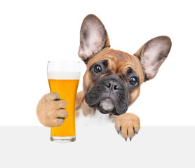 Aufkleber - Smiling puppy with light beer peeking above white banner. isolated on white background