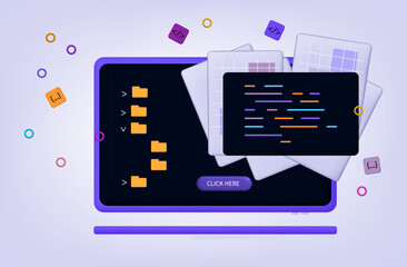 3d coding process, completed task, successful result. Software, system task, web building on laptop screen. Model development in the workplace. Application programming, system data, testing. Vector.